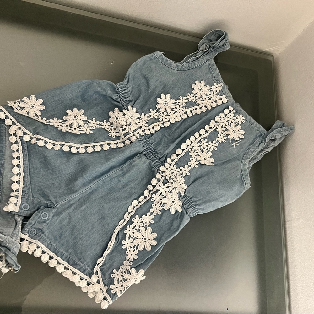 Blue Denim Romper with White Floral Lace